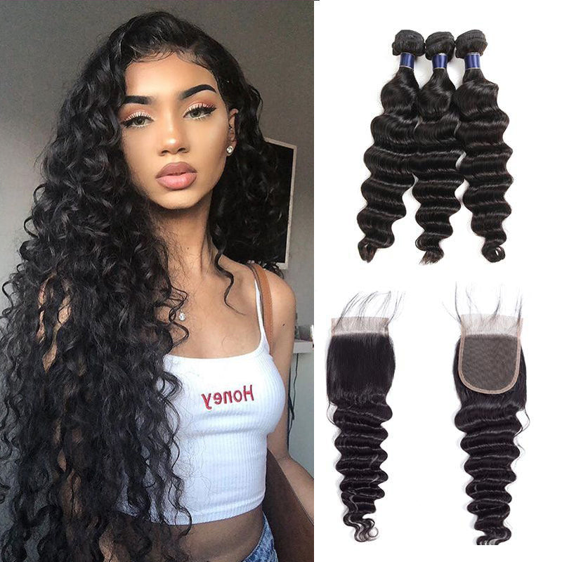 Loose Deep Wave 10A Brazilian Virgin Hair Weave 3 Bundles with 4×4 Lace Closure