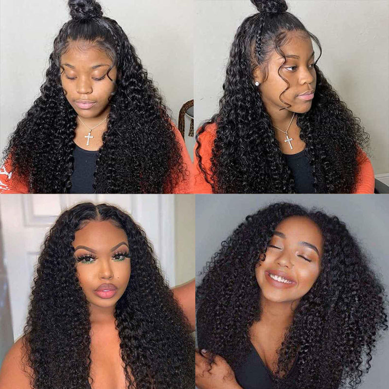 Curly Human Hair Wigs 4x4 Lace Closure Wig Kinky Curly Lace Front Wigs Human Hair Pre Plucked with Baby Hair 180%/250% Density Natural Black Color