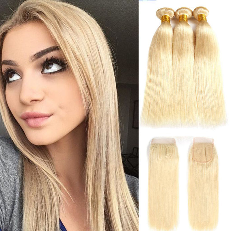 613 Bundles with Closure 613 Platinum Blonde Human Hair 3 Bundles with Transparent Color Lace Closure 4x4 Brazilian Straight 9A Remy Human Hair Extension Can Be Dyed