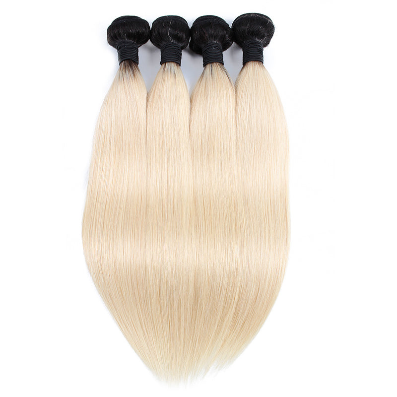 3 Bundles with 13*4 Lace Frontal, Ombre 1B/613, Straight Hair, 10A Brazilian Human Hair Dark Root Pre Plucked with Baby Hair 100% Human Remy Hair