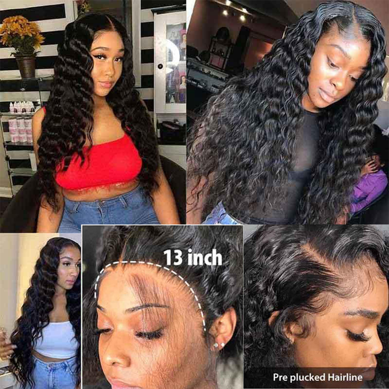 13*4 Lace Front Human Hair Wigs, Loose Deep Wave, Natural Black, Lace Frontal Wigs for Black Women Pre Plucked Curly Lace Front Wig Natural Hairline Glueless