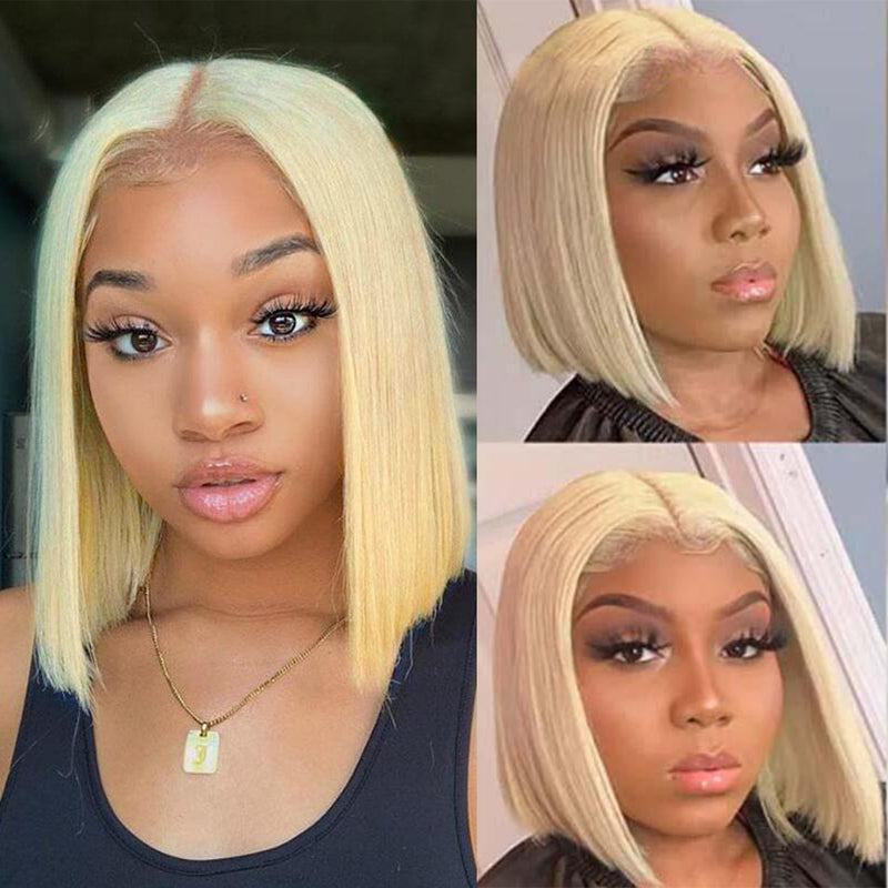 Transparent Blonde Bob Wig Human Hair 13*4/4*4 HD 613 bob Lace Frontal Wig human hair Free Part straight bob wig Pre Plucked with baby hair
