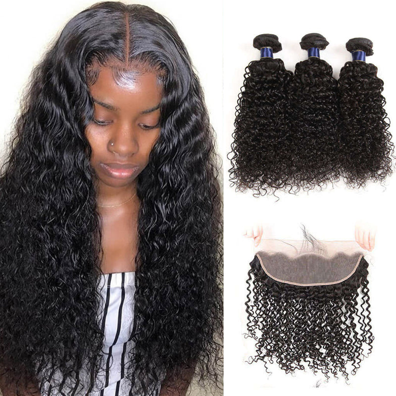 Jerry Curly Brazlian Virgin Human Hair 3 Bundles with 13×4 HD Lace Frontal