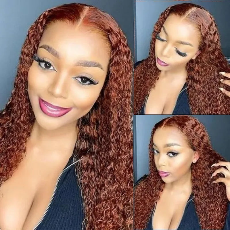 Medium Auburn Color Kinky Curly Human Hair Wigs