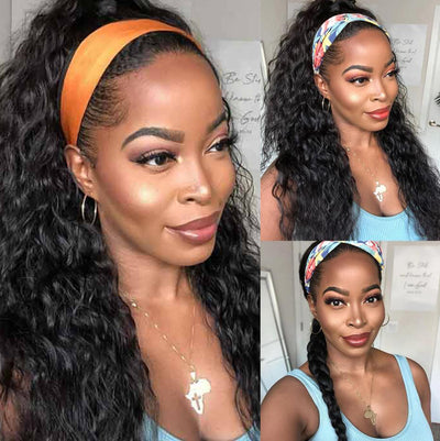 Wet and Wavy Headband Wigs Human Hair Brazilian Virgin Hair Water Wave Headband Wigs for Black Women Glueless Non Lace Front Wigs Half Wig with Headband
