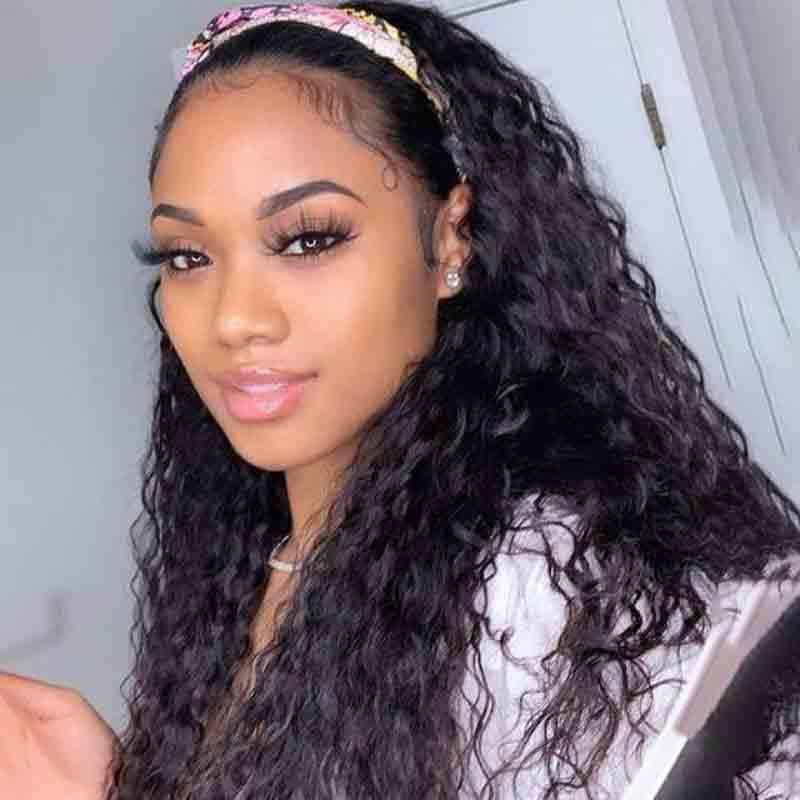 Wet and Wavy Headband Wigs Human Hair Brazilian Virgin Hair Water Wave Headband Wigs for Black Women Glueless Non Lace Front Wigs Half Wig with Headband