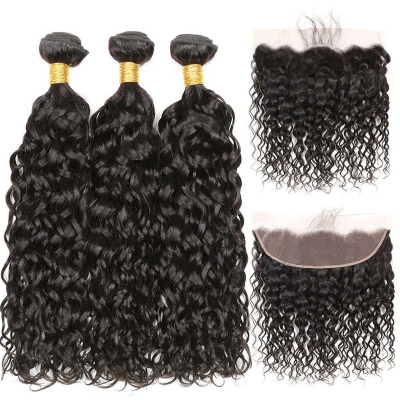 Brazilian Human Hair Water Wave 3 Bundles with 13×4 HD Lace Frontal